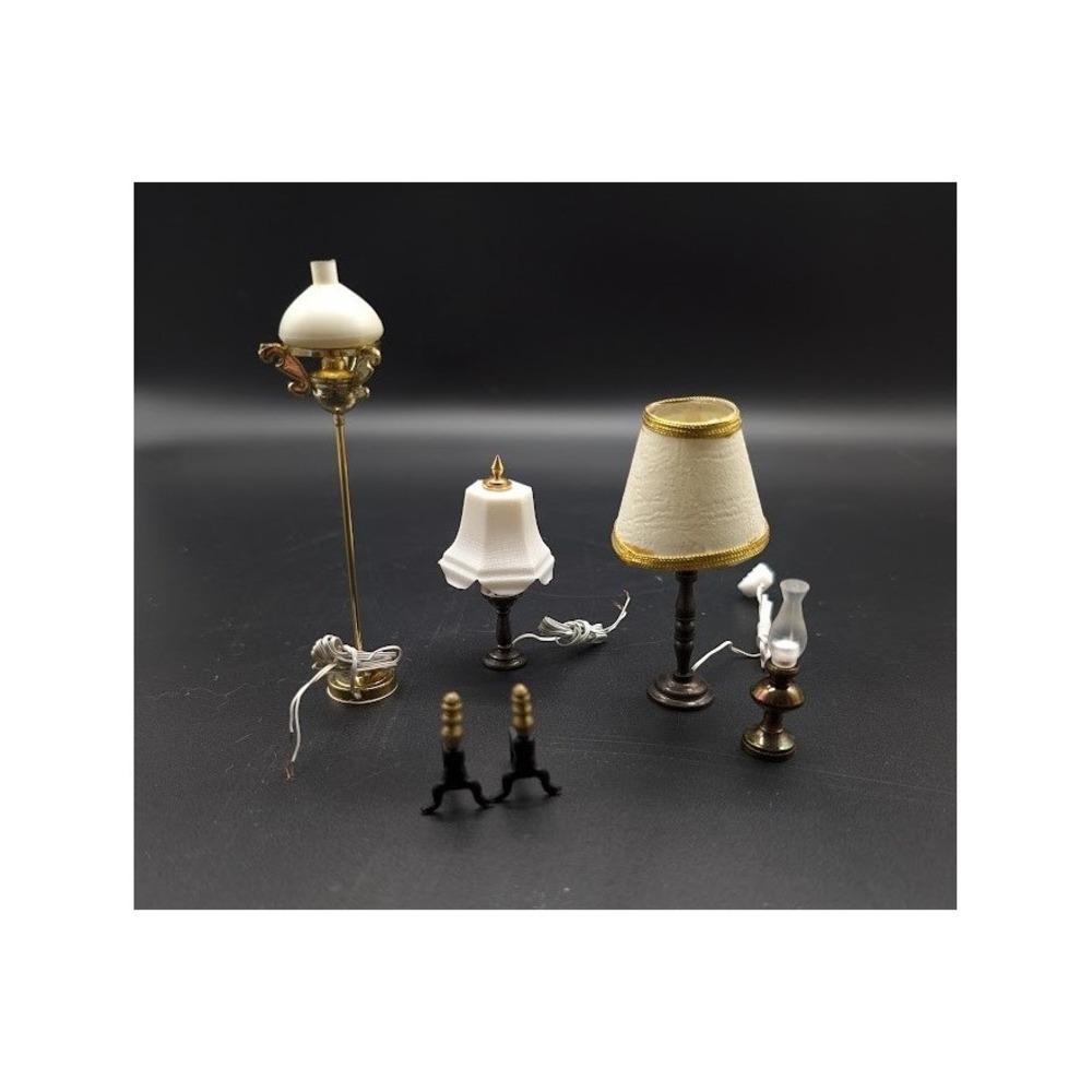 90s Dollhouse Miniature 1:12 Lot 5 Not Working Lamp Table Floor Light Fire Dog
